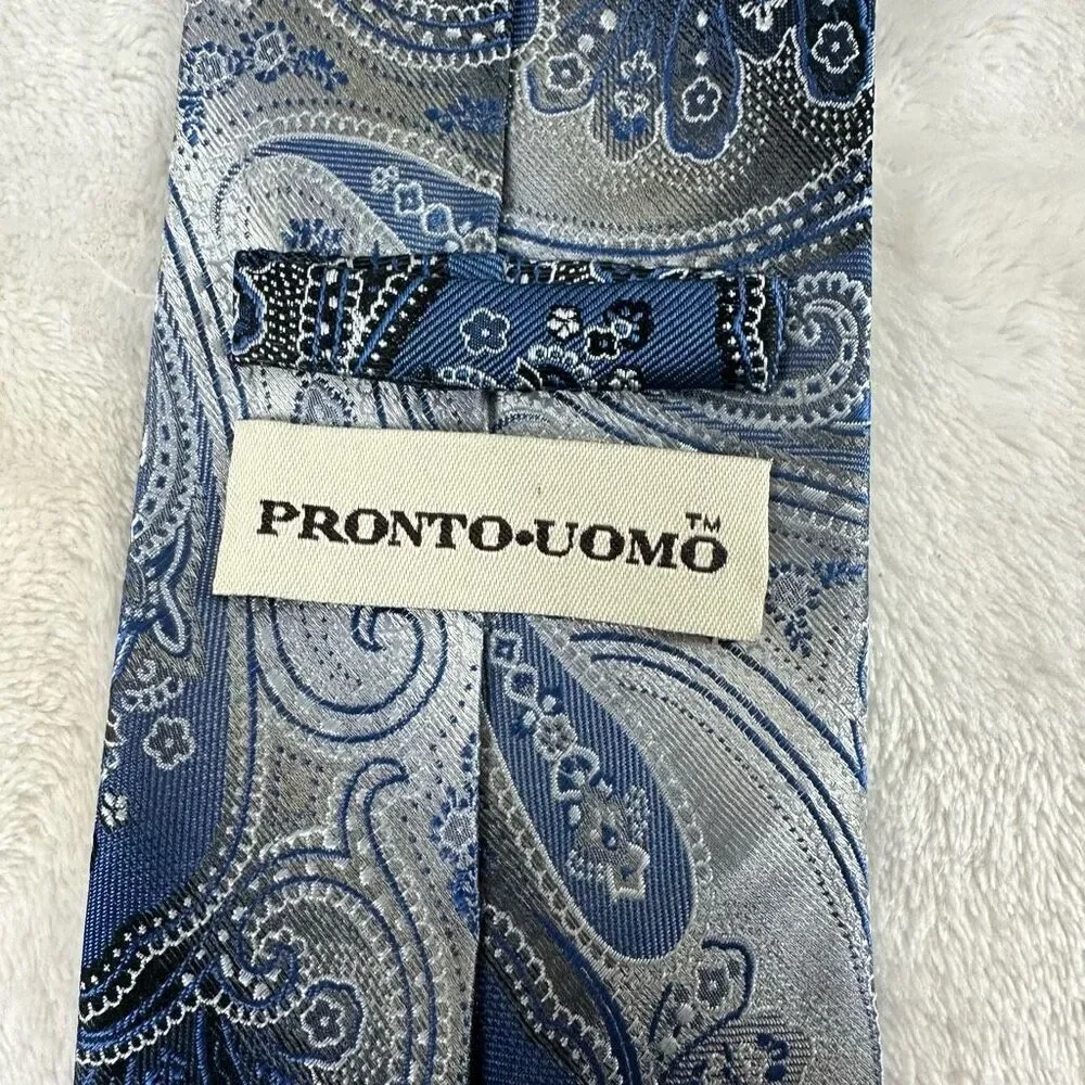 Pronto Uomo Men's 100% Silk Paisley Print Necktie Blue Gray Silver Dressy Wester